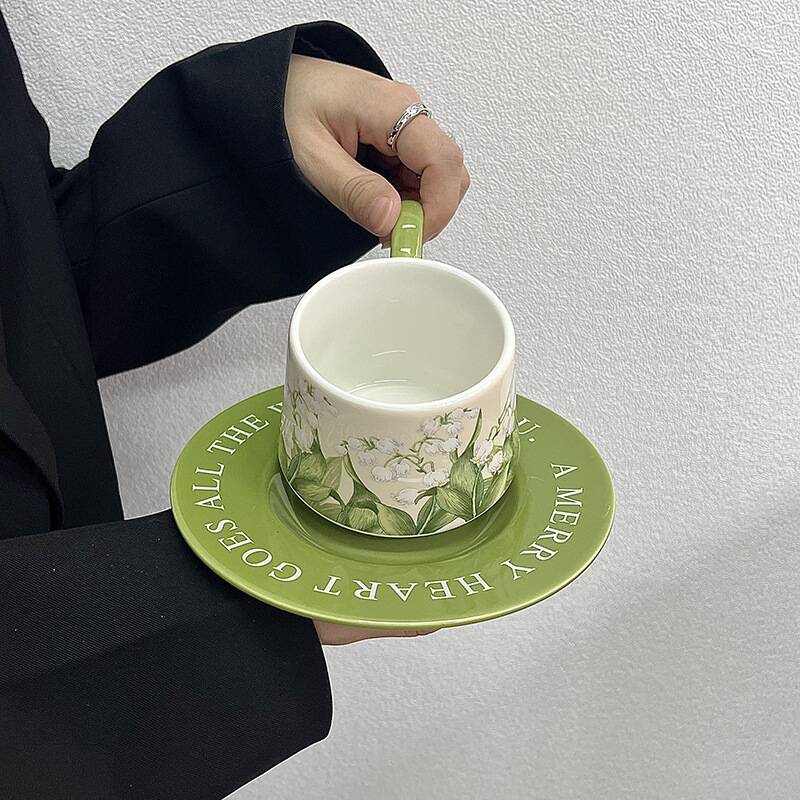 Valley Tea And Coffee - Vintage-Ölgemälde-Maiglöckchen-Kaffeetassen- und Teller-Set, leichter Luxus, Keramiktasse,