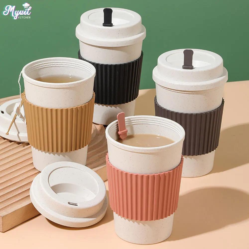 Coffee Tea Flask - 450 ml Kaffeetassen mit Deckel Weizenstroh